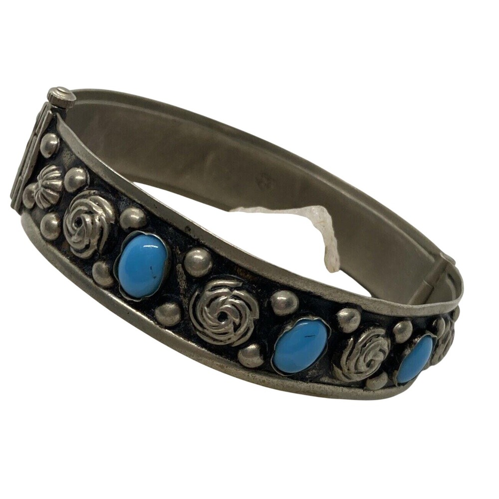 Vintage Alp Italy Bangle Bracelet Blue Accent Pin Closure Repousse Flower Design